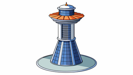 Poster - A steam turbine sitting atop a tall tower with a sleek futuristic design. This turbine is part of a solar thermal power plant where the reflected heat. Cartoon Vector