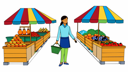 Poster - As she walked through the market she noticed a vibrant array of fruits and vegetables neatly arranged on wooden crates. The scent of ripe pineapples. Cartoon Vector