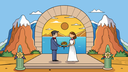 Aufkleber - As the sun set behind the mountainous backdrop the couple said their vows in a small intimate ceremony on a cliffside overlooking the ocean. The. Cartoon Vector