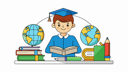 Poster - A student sitting attentively in a classroom surrounded by various educational materials such as books charts and a globe represents the environment. Cartoon Vector