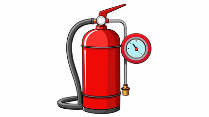 Poster - A sy red fire extinguisher with a long hose and a pressure gauge. It has clear instructions on how to operate and a safety pin to prevent accidental. Cartoon Vector