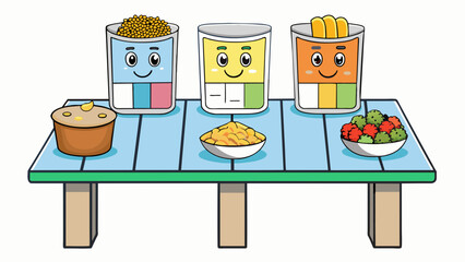 Aufkleber - A table presenting the nutritional information of three cereals. The columns are labeled as calories fat protein carbohydrates and sugar. Each row. Cartoon Vector