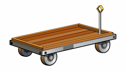 Fototapete - A sy wooden platform with four wheels attached to the corners. There is a long handle at the front for pushing and a metal tray on top for holding. Cartoon Vector