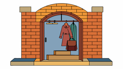 Aufkleber - As you step inside the entryway is lined with a high arch of exposed brick. A simple wooden bench sits against one of the walls with a coat rack above. Cartoon Vector