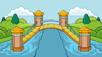 Poster - A sy bridge over a rushing river symbolizing the importance of building strong and supportive relationships with others.. Cartoon Vector