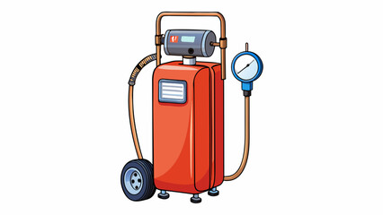 Fototapete - At a gas station a compressor is used to inflate car tires. It is a standalone machine with a tall skinny shape and a round base. The compressor has a. Cartoon Vector