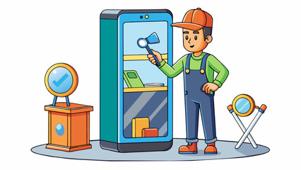 Poster - At a cell phone repair kiosk in a mall a repair technician can be seen working on various devices. They use a suction cup to remove a cracked screen. Cartoon Vector