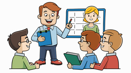 Canvas Print - At a group project meeting a student is taking charge and delegating tasks to their team members. They have a binder filled with project materials and. Cartoon Vector