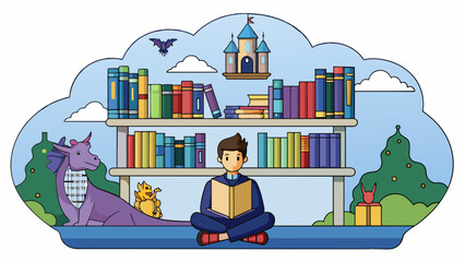 Poster - A student sits in a library surrounded by towering shelves of books but in their mind they are exploring a magical kingdom full of wizards dragons and. Cartoon Vector