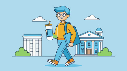 Poster - A student is walking confidently across campus dressed in a comfortable yet stylish outfit and carrying a reusable water bottle and a canvas tote bag. Cartoon Vector