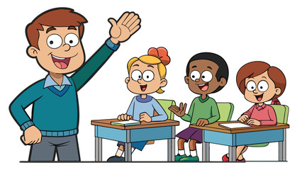 Poster - A student asking a question in class A student with their hand raised sitting at a desk facing their teacher. The teacher is listening attentively and. Cartoon Vector