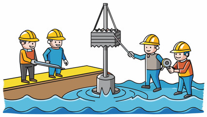 Poster - A team of engineers carefully lowered a large drill bit into the ocean preparing to explore the depths of the seafloor. The drills metal cables and. Cartoon Vector