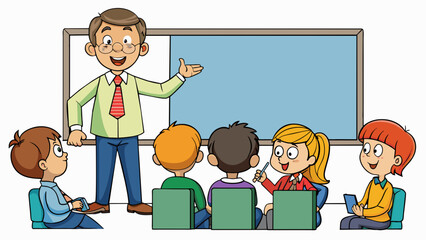 Wall Mural - A teacher in a classroom standing in front of a whiteboard and eagerly engaging with a group of students. They use their knowledge and communication. Cartoon Vector