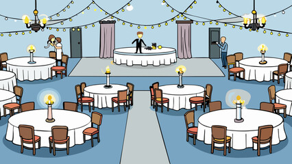 Poster - At a wedding reception round tables with white linens and centerpieces are arranged elegantly in a ballroom. Soft music is playing in the background. Cartoon Vector