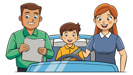 Sticker - A teenager is learning how to drive and wants to take the family car for a drive. They ask their parents for permission and are given a set of rules. Cartoon Vector