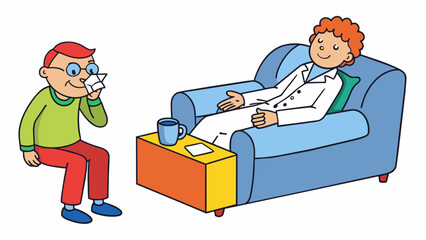 Poster - A therapy session where a person is lying on a comfortable couch with their eyes closed discussing their feelings and thoughts with a the. There is a. Cartoon Vector