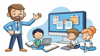 Poster - A teacher and a group of students using technology to create a multimedia presentation. The students are excitedly clicking and typing while the. Cartoon Vector