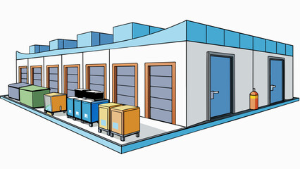 Poster - A temperaturecontrolled facility with numerous refrigeration units and storage areas. The walls are lined with insulated panels to maintain a. Cartoon Vector