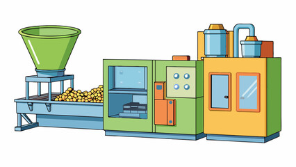 Poster - A tall sy machine with a large hopper on top and a rotary wheel in the center. As the wheel rotates it collects plastic pellets from the hopper and. Cartoon Vector