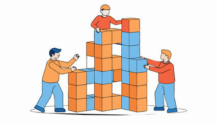 Poster - A team building a tower with blocks Each member of the team has their own set of blocks but together they can build a tall and sy tower. This reflects. Cartoon Vector