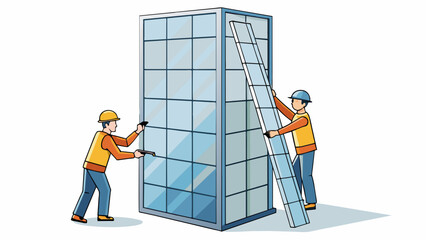 Poster - A team of construction workers are putting together a tall tower made primarily of glass and steel. They are carefully fitting the large glass panels. Cartoon Vector