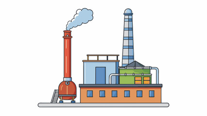 Poster - A tall metal smokestack towering above a factory equipped with a scrubber at the top that removes dangerous chemicals from the smoke before it is. Cartoon Vector
