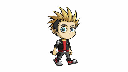Poster - A teenage boy with spiky hair and multiple piercings confidently strolling down the street with his skateboard in hand. His black leather jacket bears. Cartoon Vector