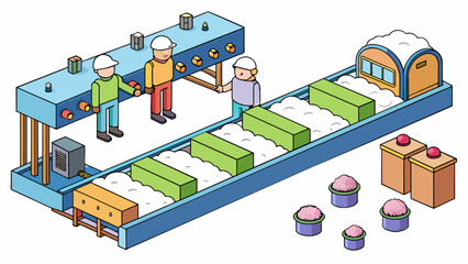 Sticker - A textile production line This industrial chain begins with the cultivation of cotton plants which are then harvested and sent to a processing plant.. Cartoon Vector