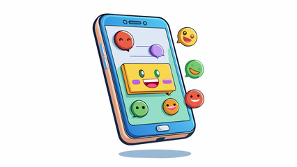 Poster - A text message on a phone screen animated with colorful emojis and shorthand language representing a casual and playful tone.. Cartoon Vector