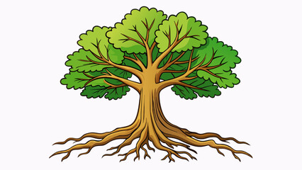 Fototapete - A towering oak tree with its thick trunk and outstretched branches. Its roots run deep into the ground giving it stability and a strong foundation.. Cartoon Vector