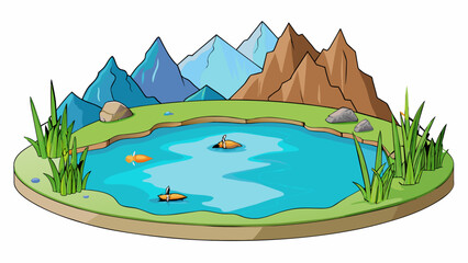 Poster - A tranquil lake its surface like a mirror reflecting the towering mountains surrounding it. The water is crystal clear revealing glimpses of colorful. Cartoon Vector