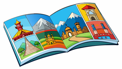 Poster - A travel magazine showcasing breathtaking landscapes stunning architecture and cultural experiences from all around the world. The pages are adorned. Cartoon Vector