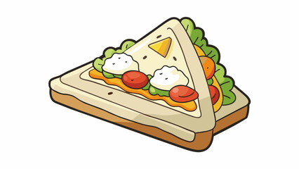 Aufkleber - A triangleshaped slice of doughy bread with crispy edges covered in creamy white sauce chunks of chicken and colorful vegetables.. Cartoon Vector