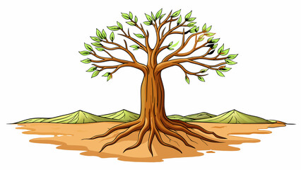 Aufkleber - A tree standing tall and proud in the midst of a barren landscape its roots anchored deep in the ground and its branches reaching towards the sky.. Cartoon Vector