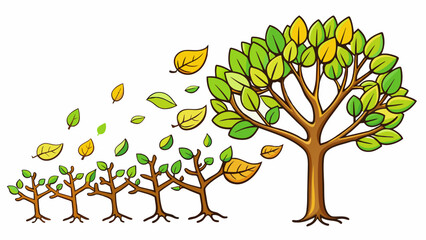 Fototapete - A tree shedding its leaves and growing new ones symbolizing a natural shift in seasons and cycles of renewal.. Cartoon Vector