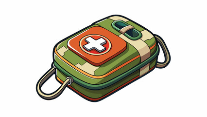 Poster - A travelsized first aid kit perfect for camping or hiking. It has a carabiner clip for easy attachment and inside are items like pads an emergency. Cartoon Vector