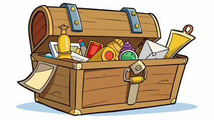 Aufkleber - A treasure chest full of old trinkets and souvenirs each one carefully stored and labeled with a handwritten note. As you sift through the items. Cartoon Vector