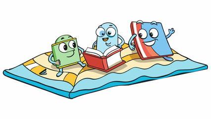 Poster - At the beach a group of friends lounge on beach towels each engrossed in a different book. The sound of crashing waves provides a soothing background. Cartoon Vector