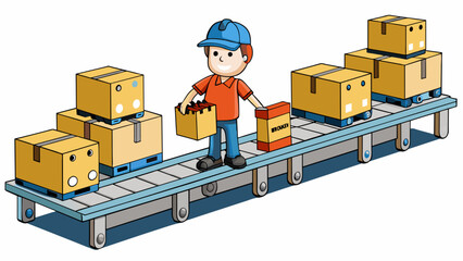 Poster - At the end of the assembly line the finished products are packaged and loaded onto pallets or carts ready to be shipped to customers. The assembly. Cartoon Vector