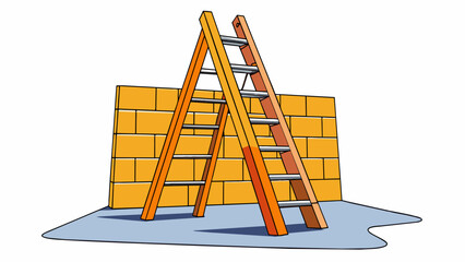 Poster - At the construction site a ladder made of bright orange fiberglass was set up against the building. It had a wide base with antislip feet and rungs. Cartoon Vector