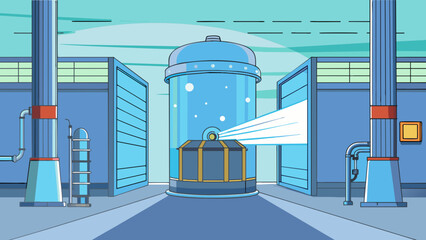 Poster - At the entrance of a factory a large metallic cylinder can be seen pulsating with a soft blue light. This is a stateoftheart scrubber system designed. Cartoon Vector
