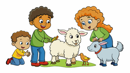 Fototapete - At the petting zoo children squealed with delight as they brushed the soft fluffy fur of a baby lamb and fed carrots to the friendly eagertoplease. Cartoon Vector