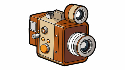Poster - A vintage film camera with a retro brown and chrome exterior. The camera has a manual focus ring and a winding mechanism on the top. It also has a. Cartoon Vector