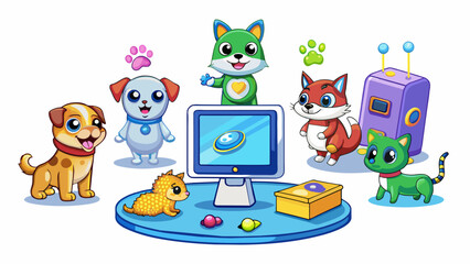 Fototapete - A virtual pet game where users can adopt and care for their own digital animals complete with feeding grooming and playing activities.. Cartoon Vector