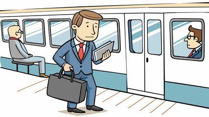 Aufkleber - A weary businessman boards a bustling subway train carrying a sleek black briefcase and checking emails on his phone. He takes a seat near the door. Cartoon Vector