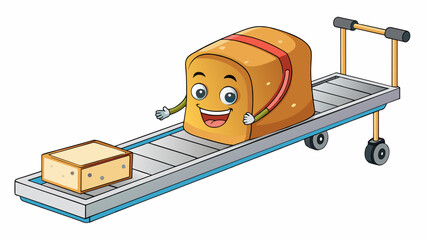 Poster - A warm loaf of bread is carried on a slowmoving plastic belt towards a packaging machine. The belt gently lifts and moves the bread forward while a. Cartoon Vector