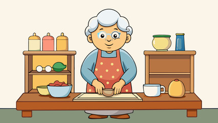 Poster - A warm comforting aroma fills the kitchen as an apronclad grandmother skillfully kneads dough on a wellworn wooden counter. The walls are adorned with. Cartoon Vector