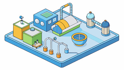 Fototapete - A water treatment plant program is used to treat and purify water for distribution to homes and businesses. The program includes objects for different. Cartoon Vector