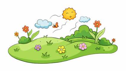 Poster - A warm breeze carrying the scent of freshly grass and blooming flowers with the distant sound of chirping birds adding a melody to the peaceful. Cartoon Vector