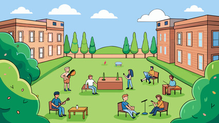 Poster - A wide grassy quad surrounded by towering trees and old brick buildings. The sun shines down on students lounging on picnic blankets and playing. Cartoon Vector